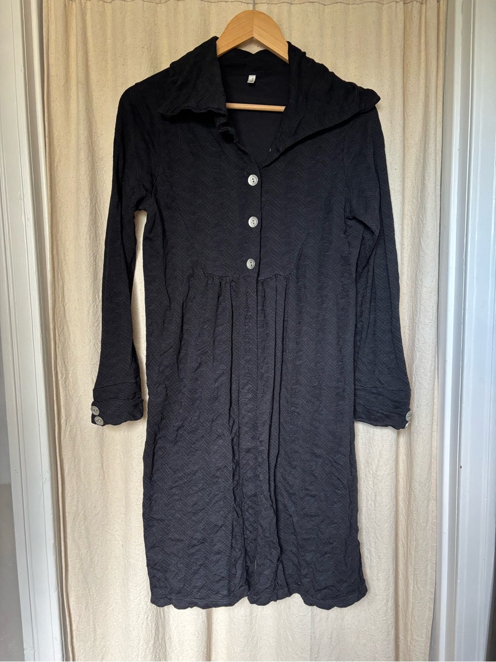 Black Button-Front Long Sleeve Dress